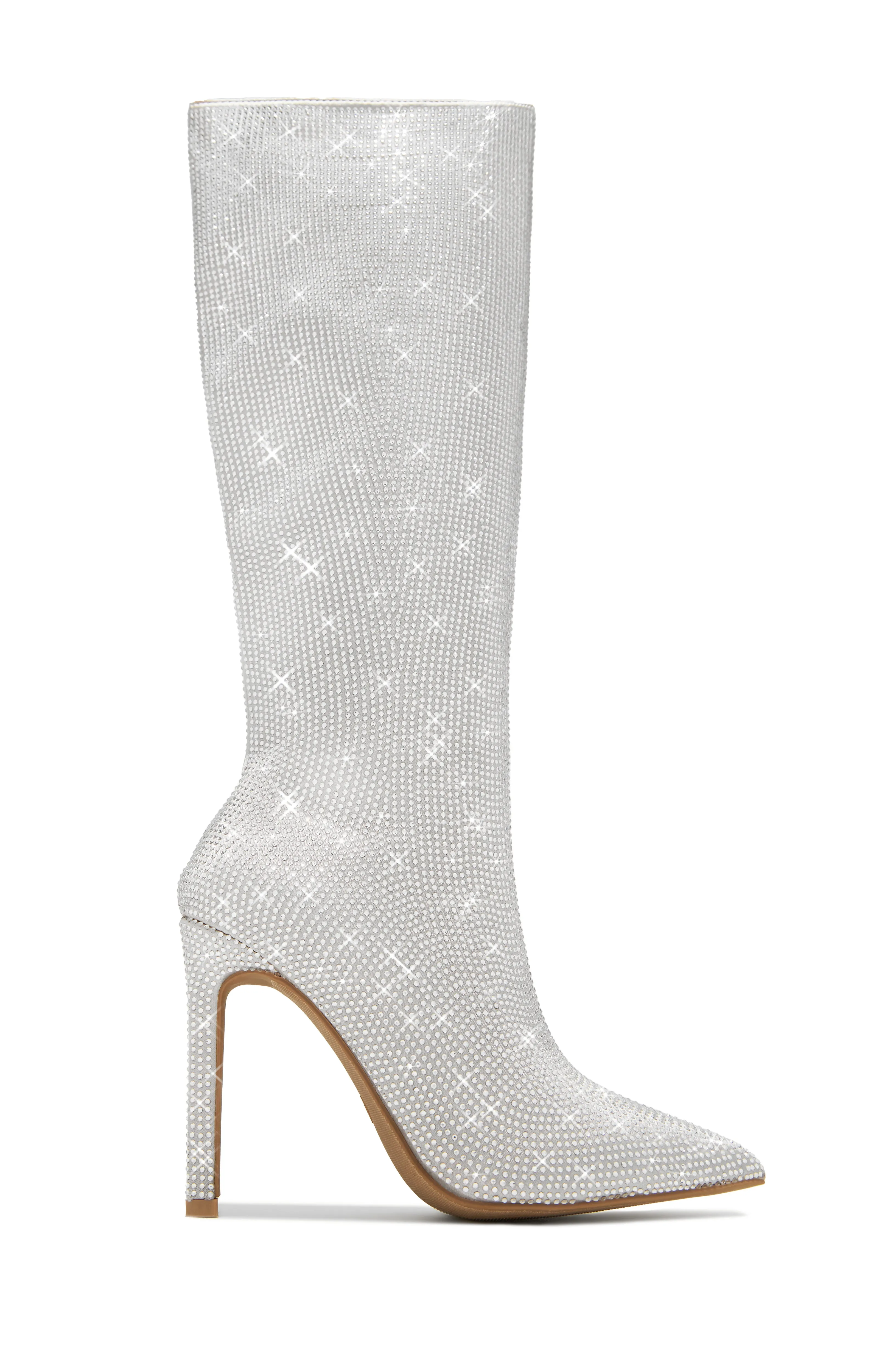 After Party Embellished High Heel Boots - Silver