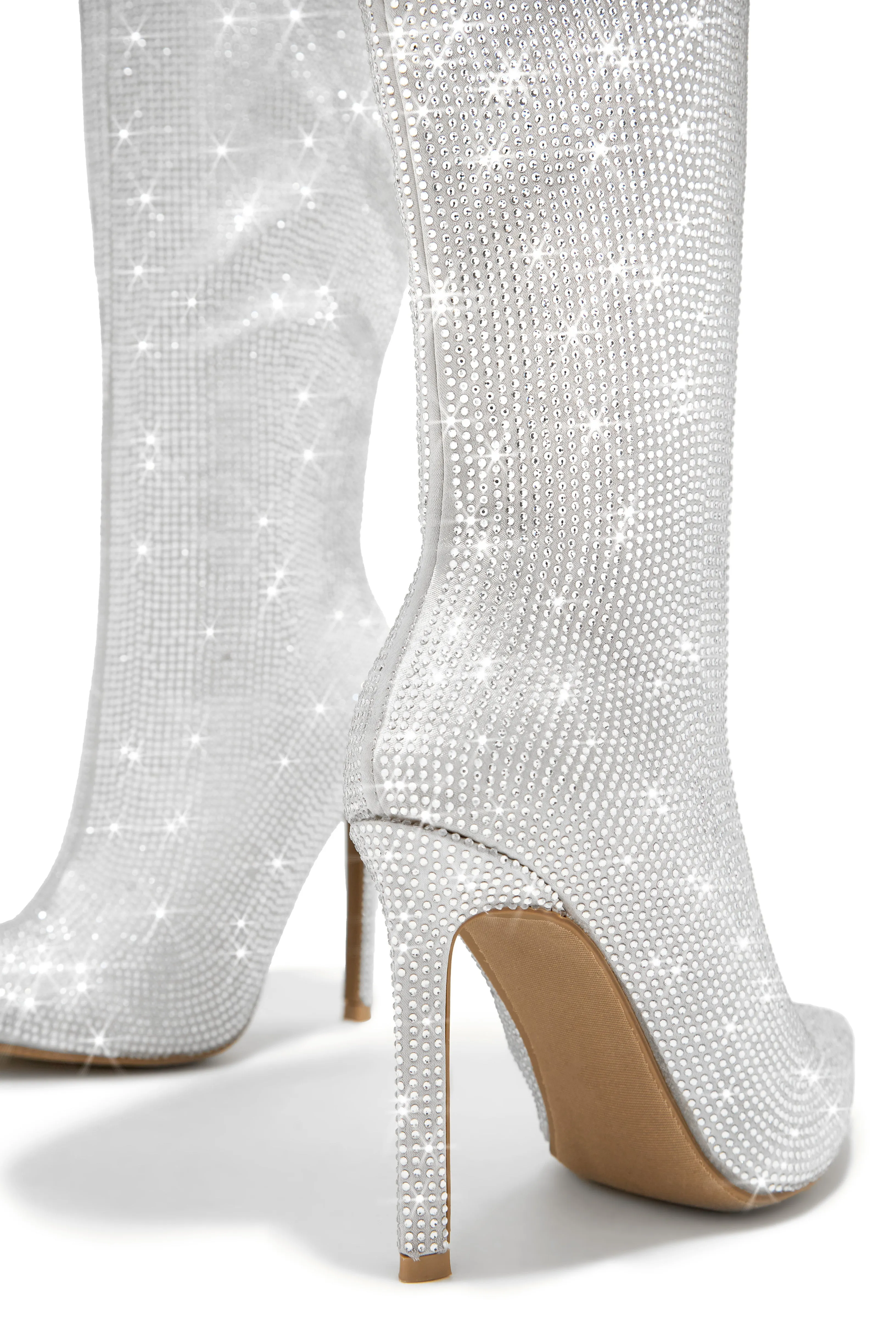 After Party Embellished High Heel Boots - Silver