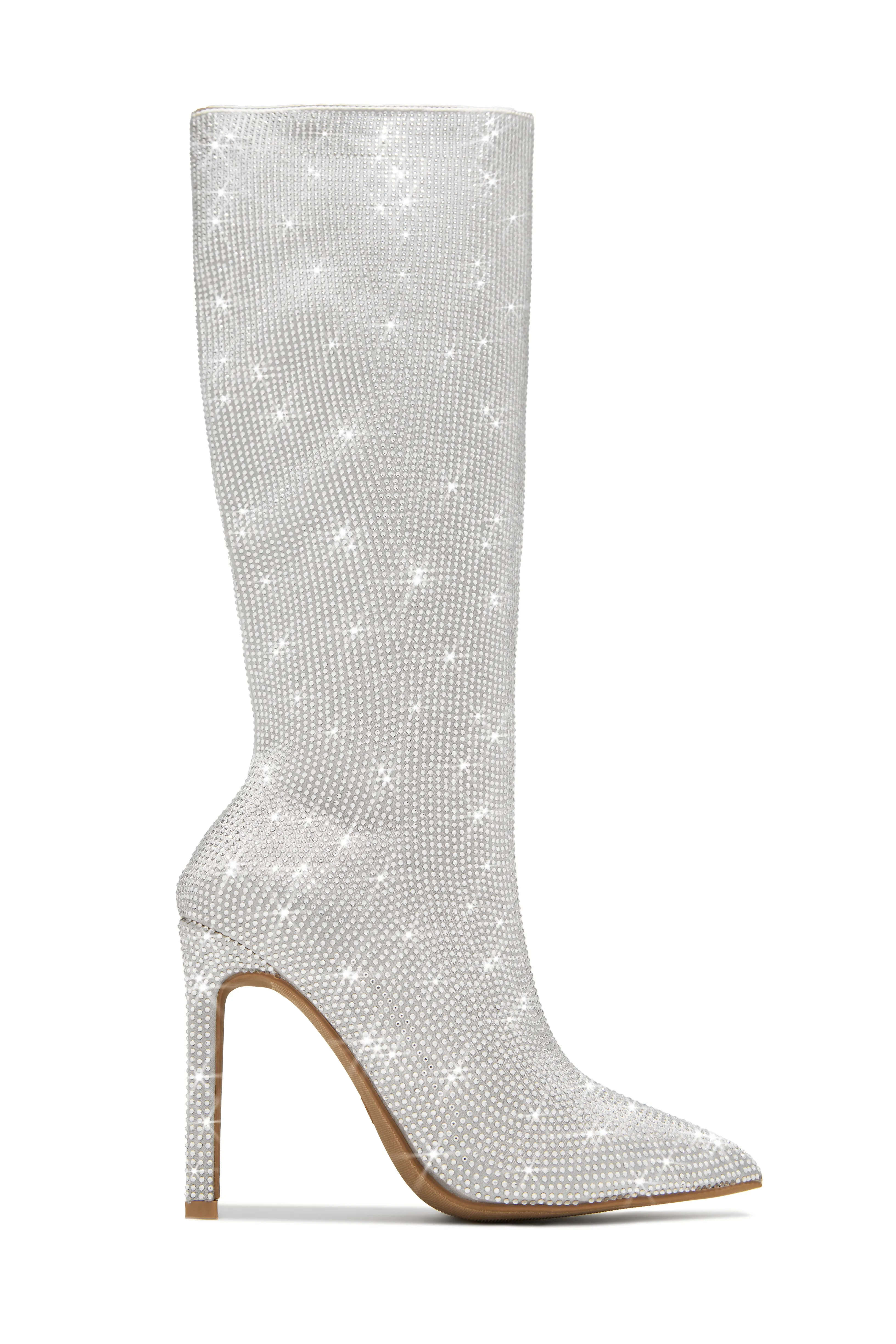 After Party Embellished High Heel Boots - Silver