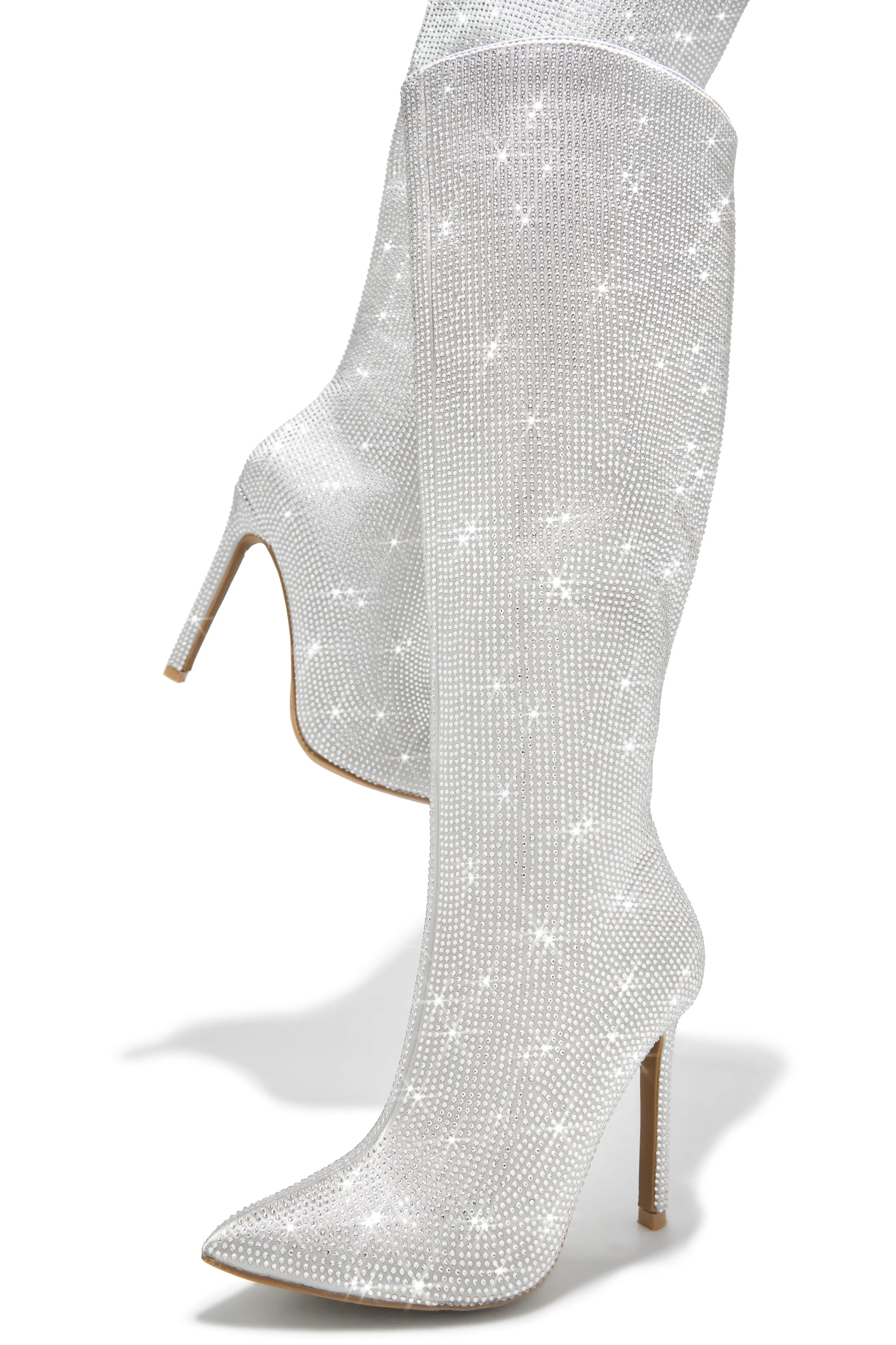 After Party Embellished High Heel Boots - Silver