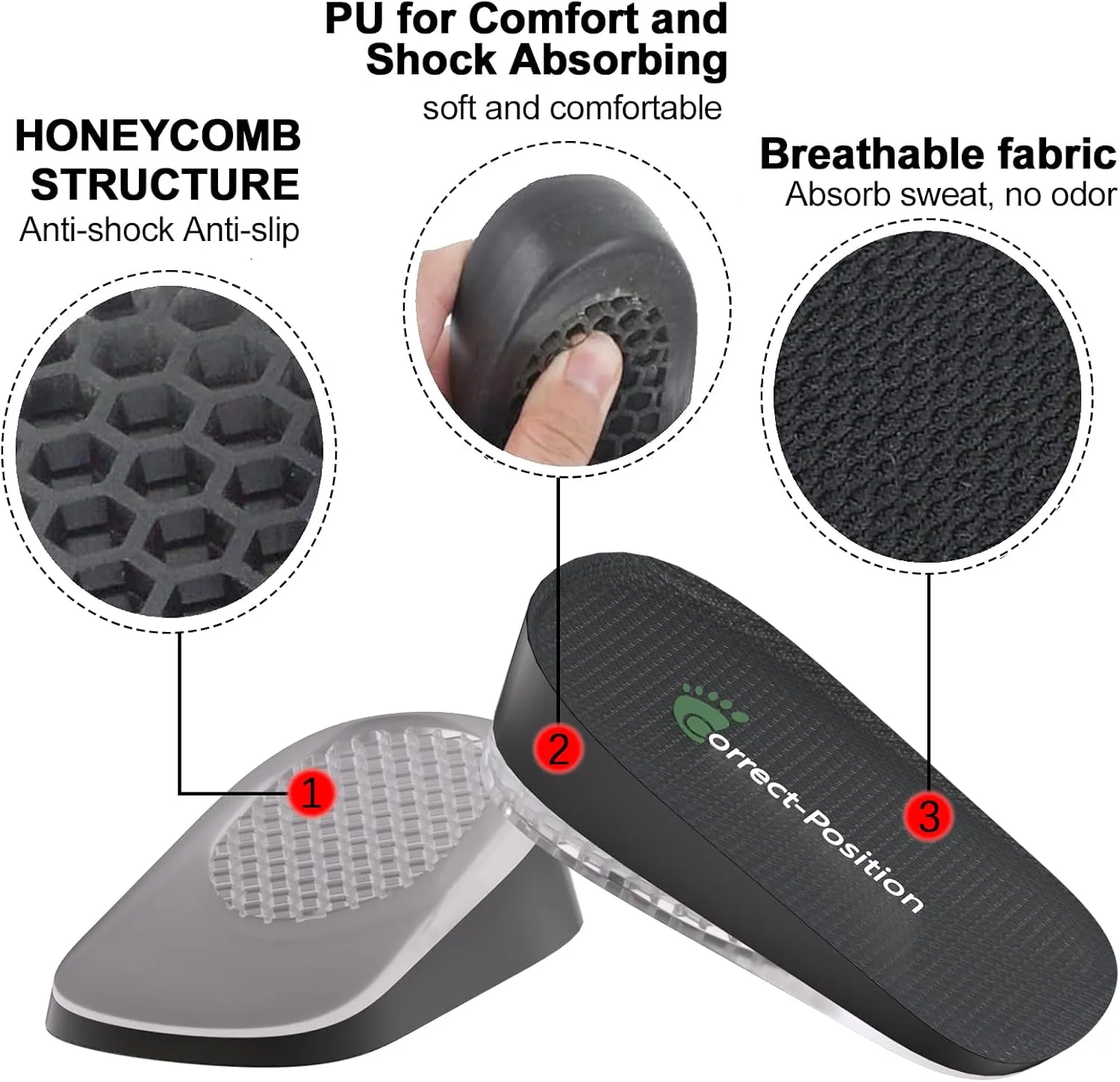 Correct-Position Height Increase Insoles, Heel Cushion Inserts, Heel Lift Inserts for Leg Length Discrepancies (Black, 1.4" Height)