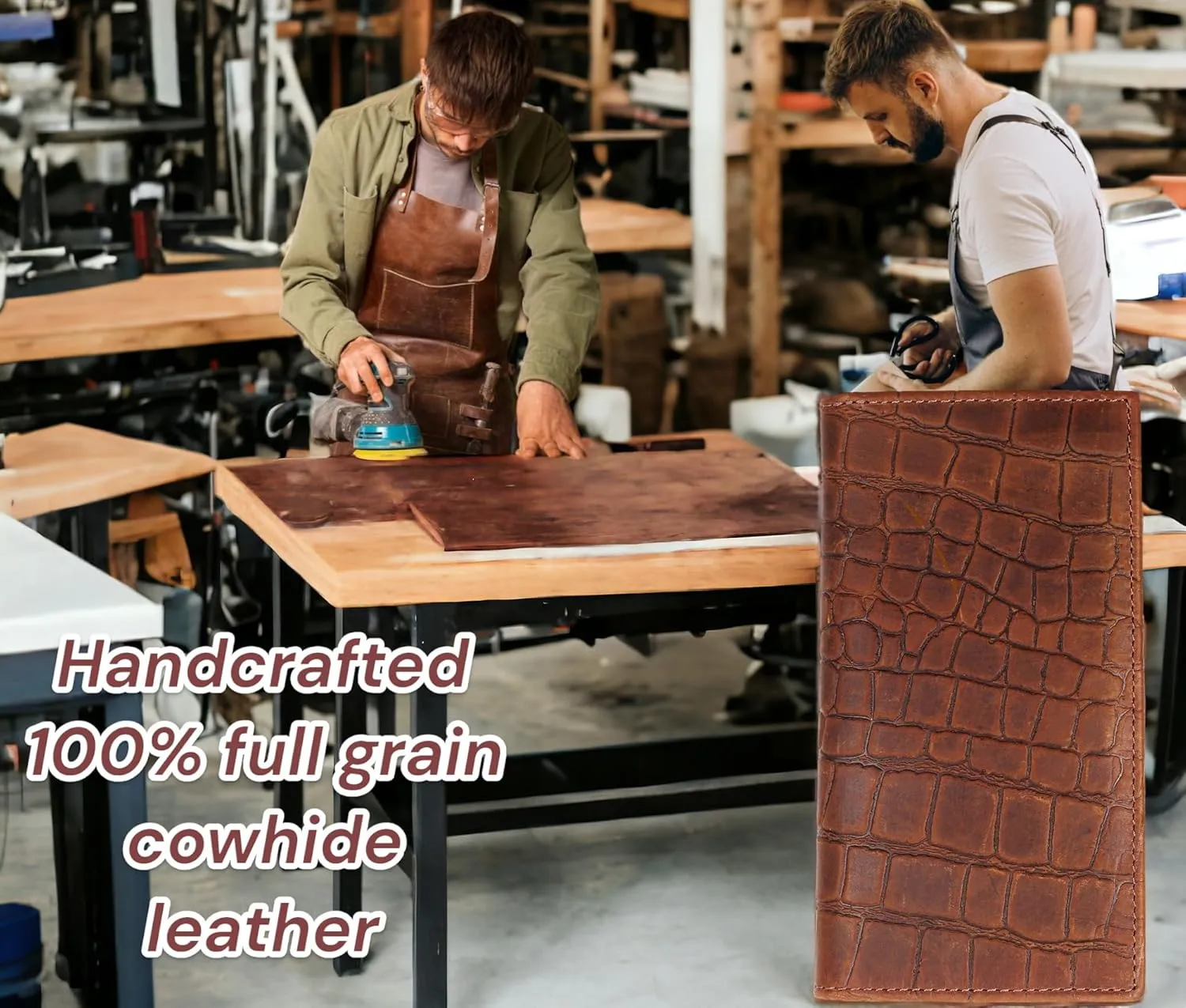 F&L CLASSIC Men's RFID Vintage Look Genuine Leather Long Bifold Wallet Checkbook Wallets,Crocodile style brown,240-70