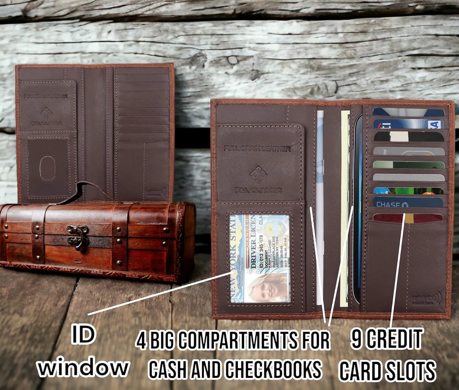 F&L CLASSIC Men's RFID Vintage Look Genuine Leather Long Bifold Wallet Checkbook Wallets,Crocodile style brown,240-70