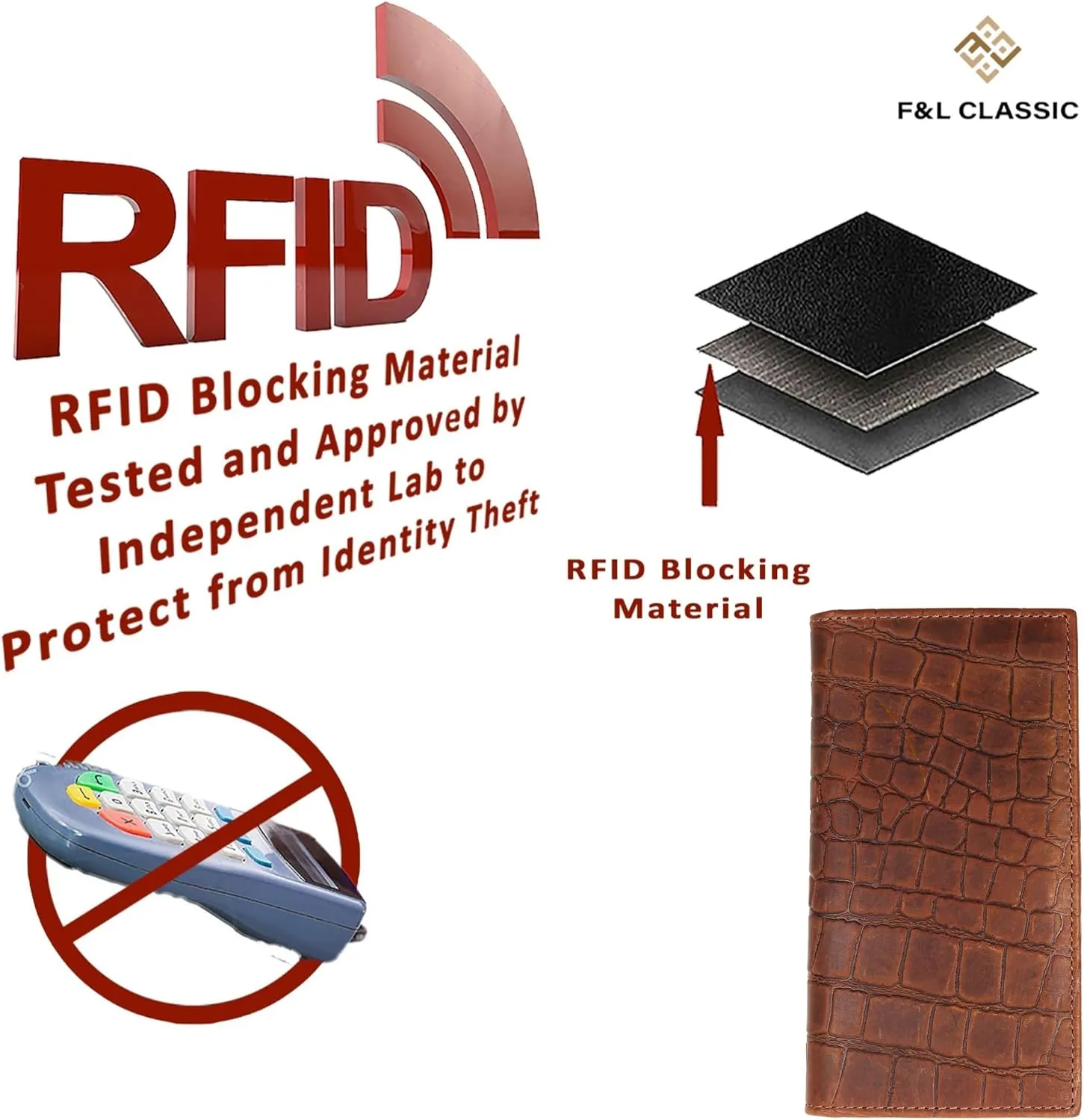 F&L CLASSIC Men's RFID Vintage Look Genuine Leather Long Bifold Wallet Checkbook Wallets,Crocodile style brown,240-70