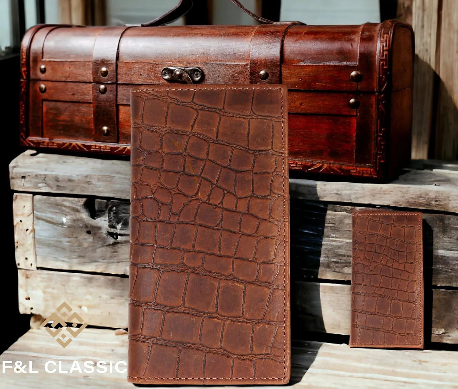 F&L CLASSIC Men's RFID Vintage Look Genuine Leather Long Bifold Wallet Checkbook Wallets,Crocodile style brown,240-70