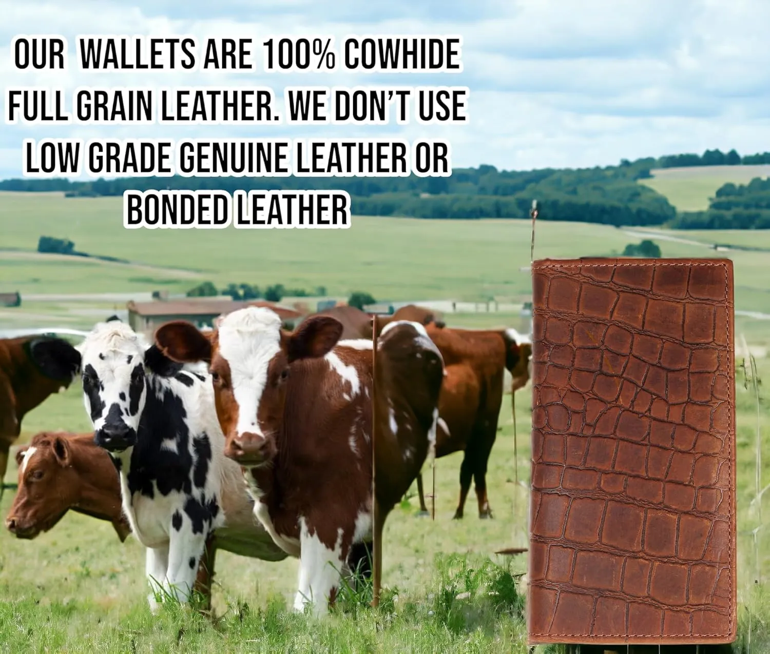 F&L CLASSIC Men's RFID Vintage Look Genuine Leather Long Bifold Wallet Checkbook Wallets,Crocodile style brown,240-70