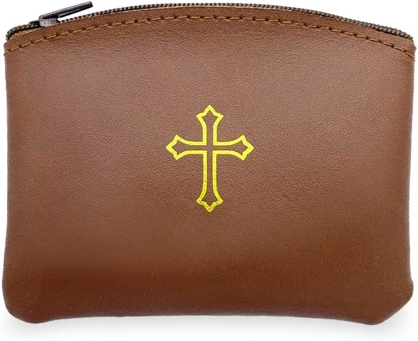 Genuine Leather Rosary Pouch with Zipper and Cross Imprint - Rosary Beads Holder Case for Men and Women