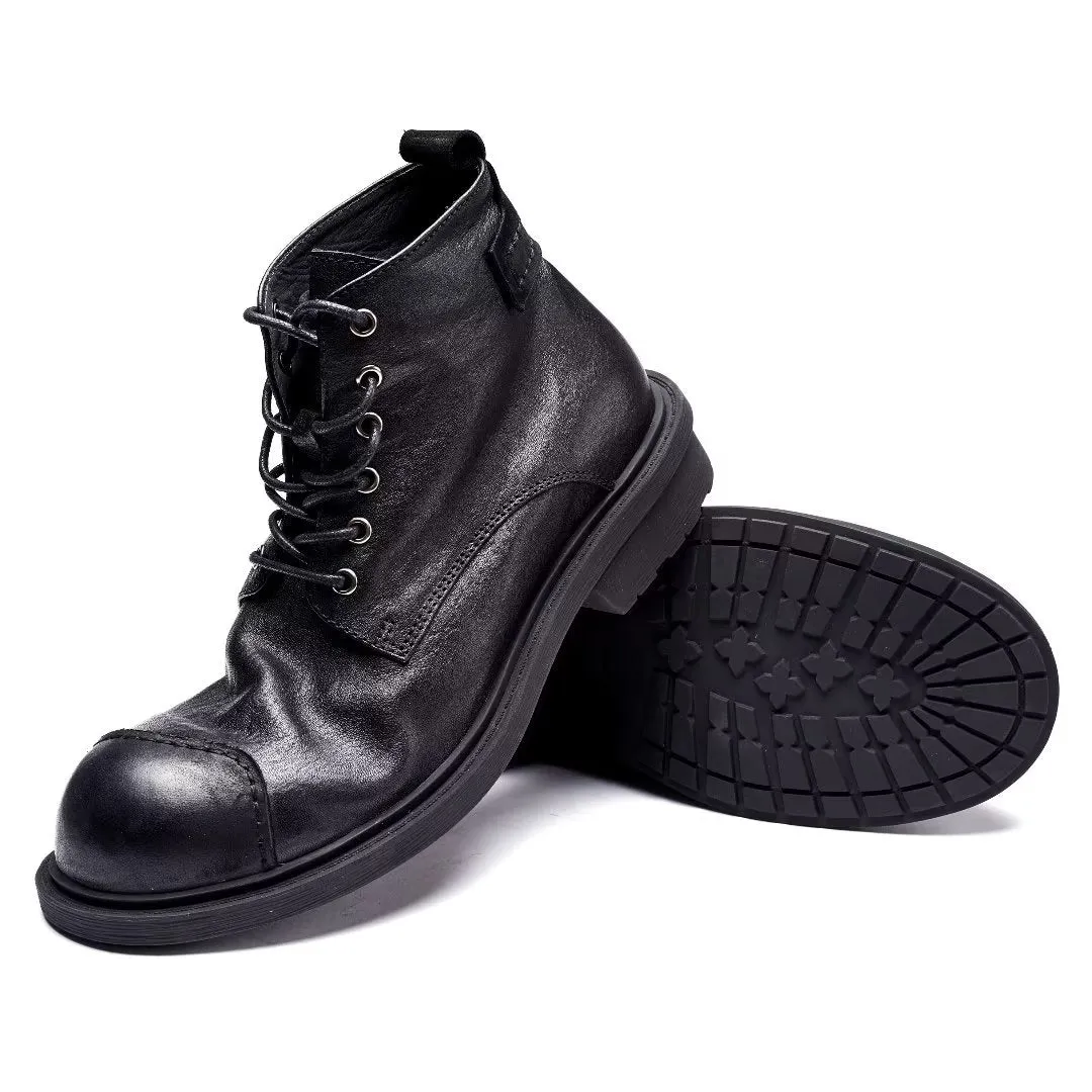Luxury Cow Leather Round Toe Lace-up Boots