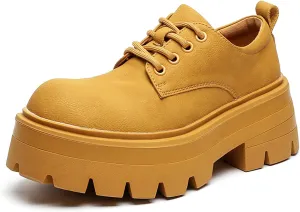 Men's Leather Platform Oxfords - Classic Round Toe Lace Up Dress Shoes -Comfort Non-Slip Lug Sole Chunky Heel Heightening Derby Shoes