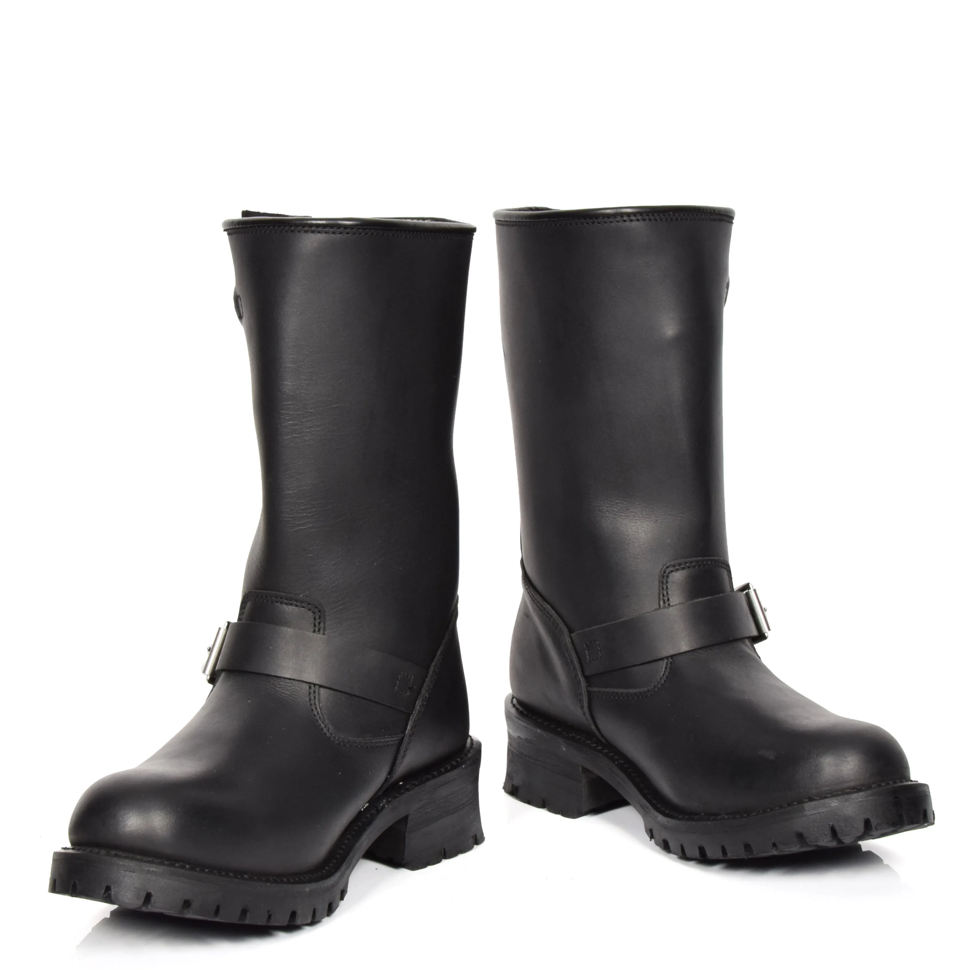 Real Leather Round Toe Buckle Design Biker Boots ATB45H Black