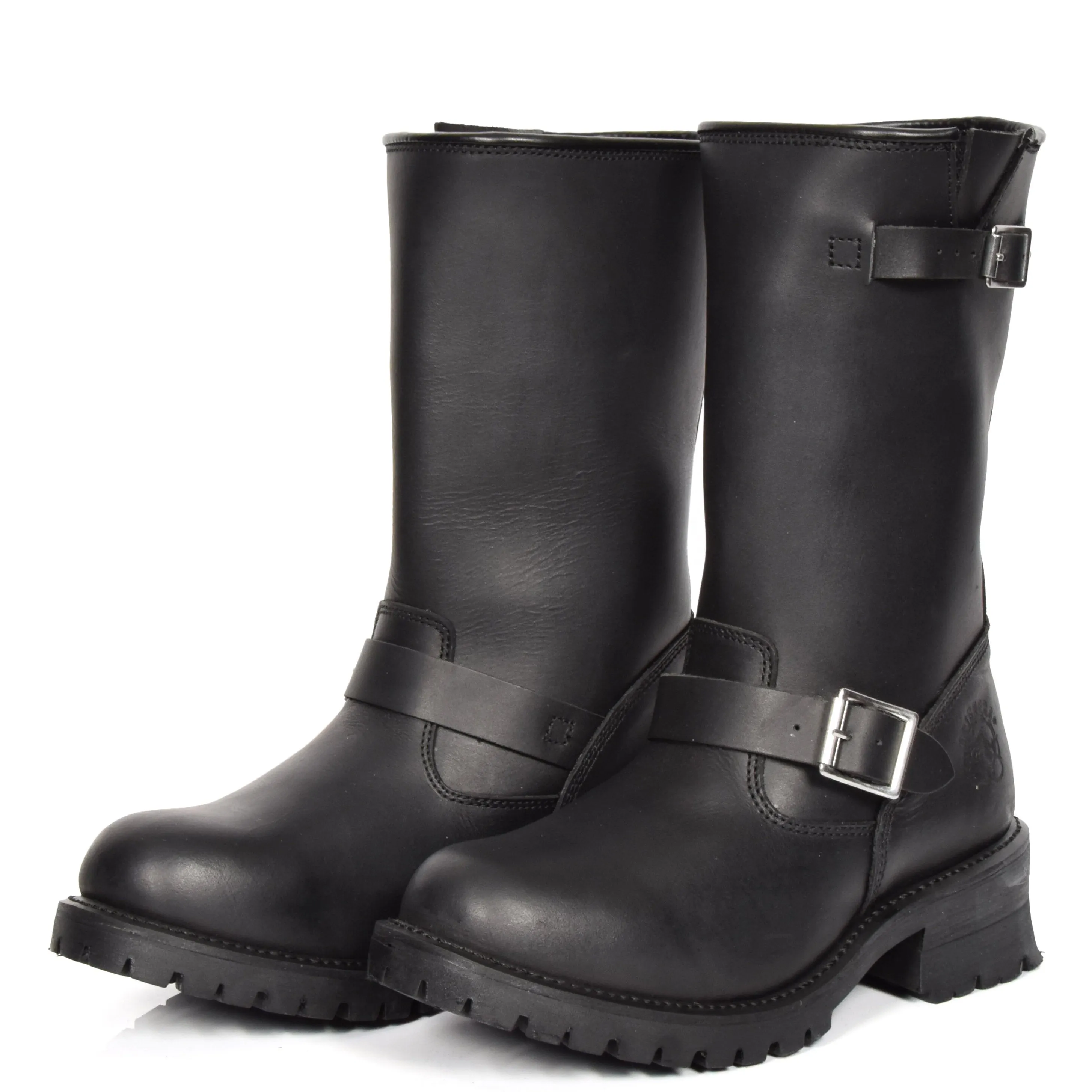 Real Leather Round Toe Buckle Design Biker Boots ATB45H Black