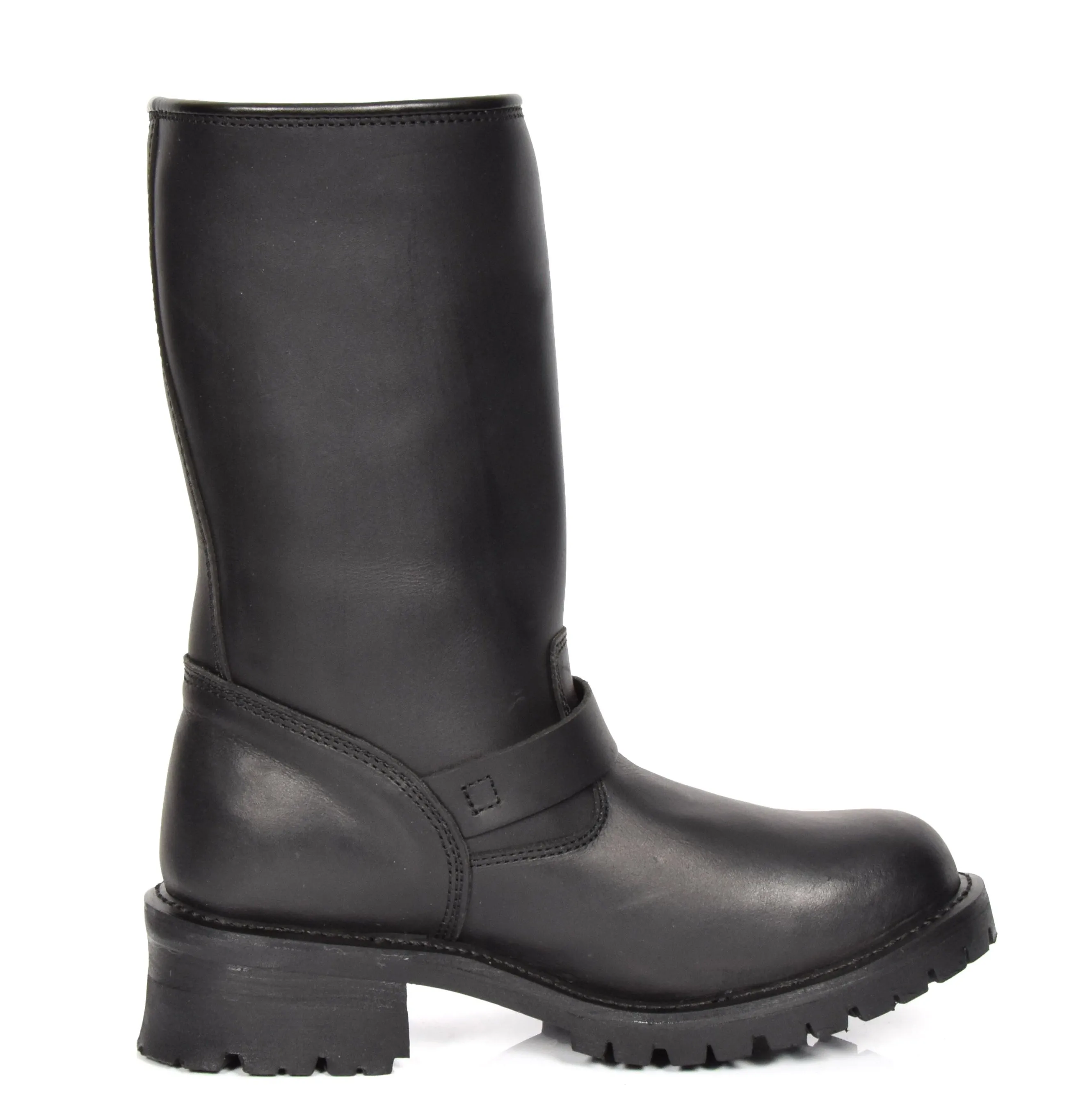 Real Leather Round Toe Buckle Design Biker Boots ATB45H Black