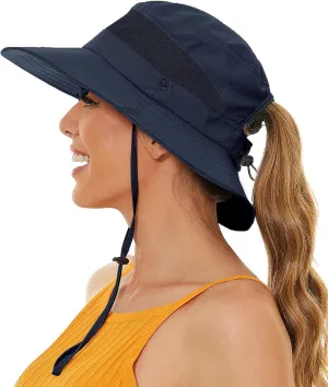 Sun Bucket Beach Hats for Women with Ponytail Hole,Sun Protection UV UPF50  Waterproof Fishing Safari Hiking Hat