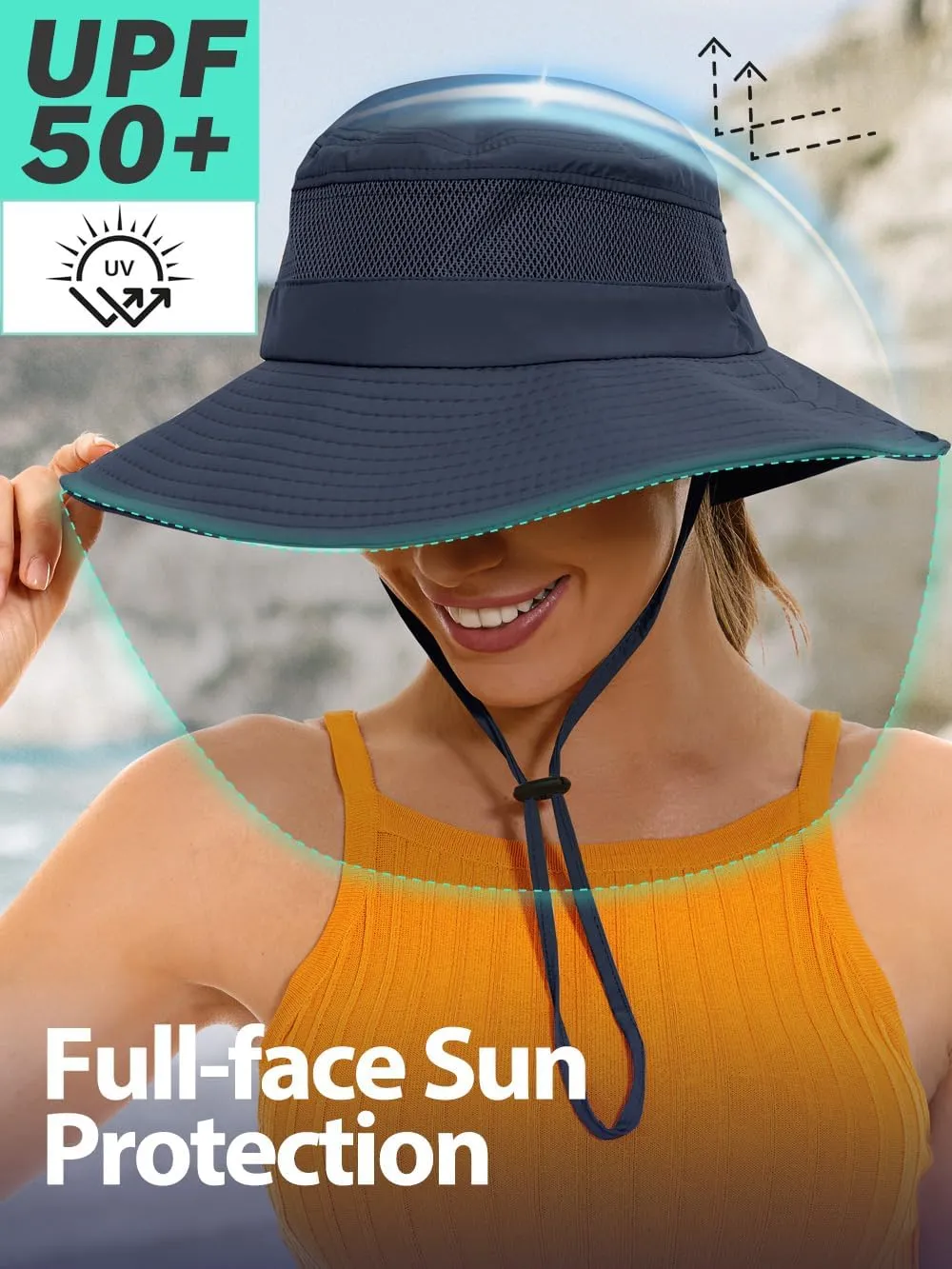 Sun Bucket Beach Hats for Women with Ponytail Hole,Sun Protection UV UPF50  Waterproof Fishing Safari Hiking Hat