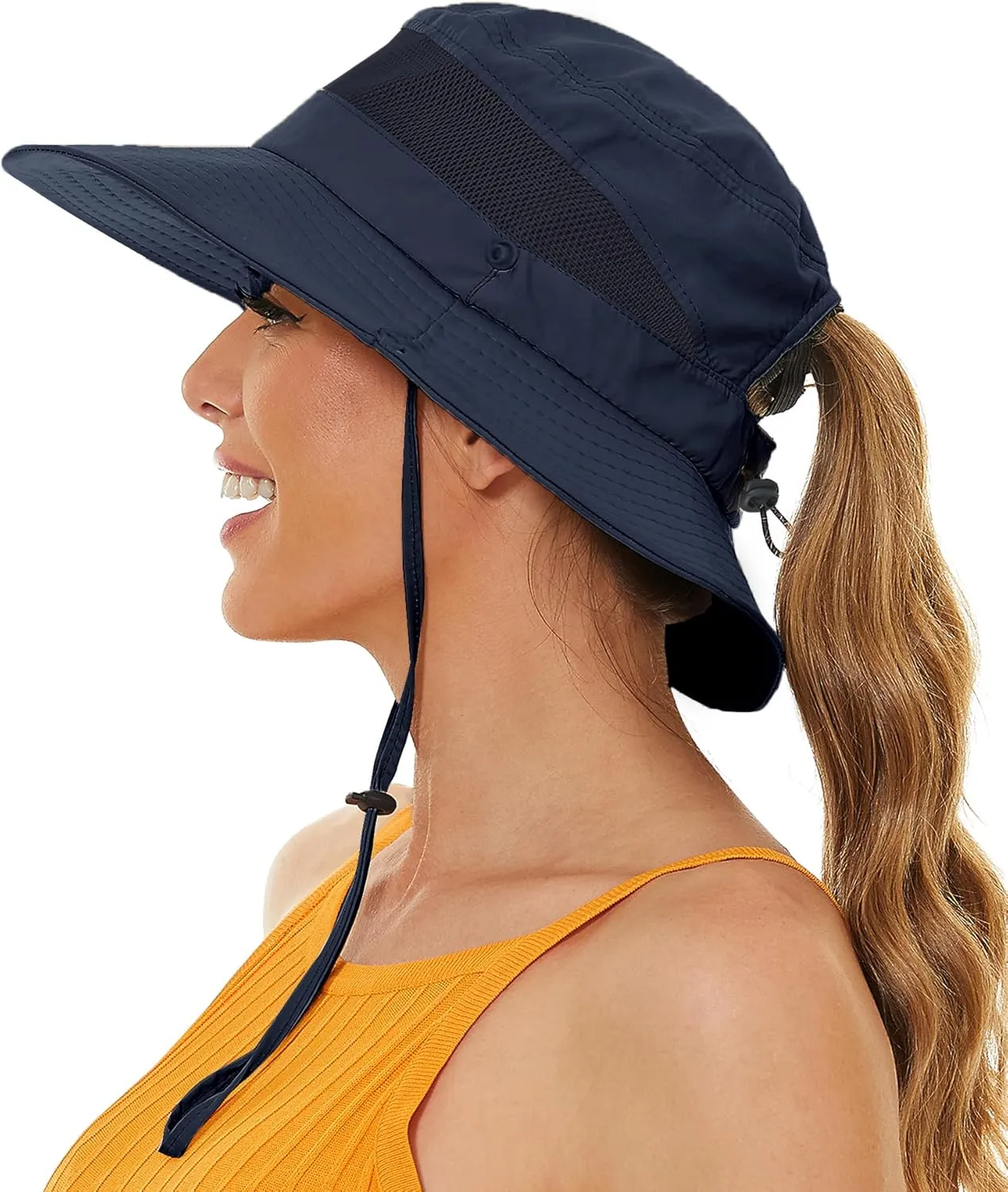 Sun Bucket Beach Hats for Women with Ponytail Hole,Sun Protection UV UPF50  Waterproof Fishing Safari Hiking Hat