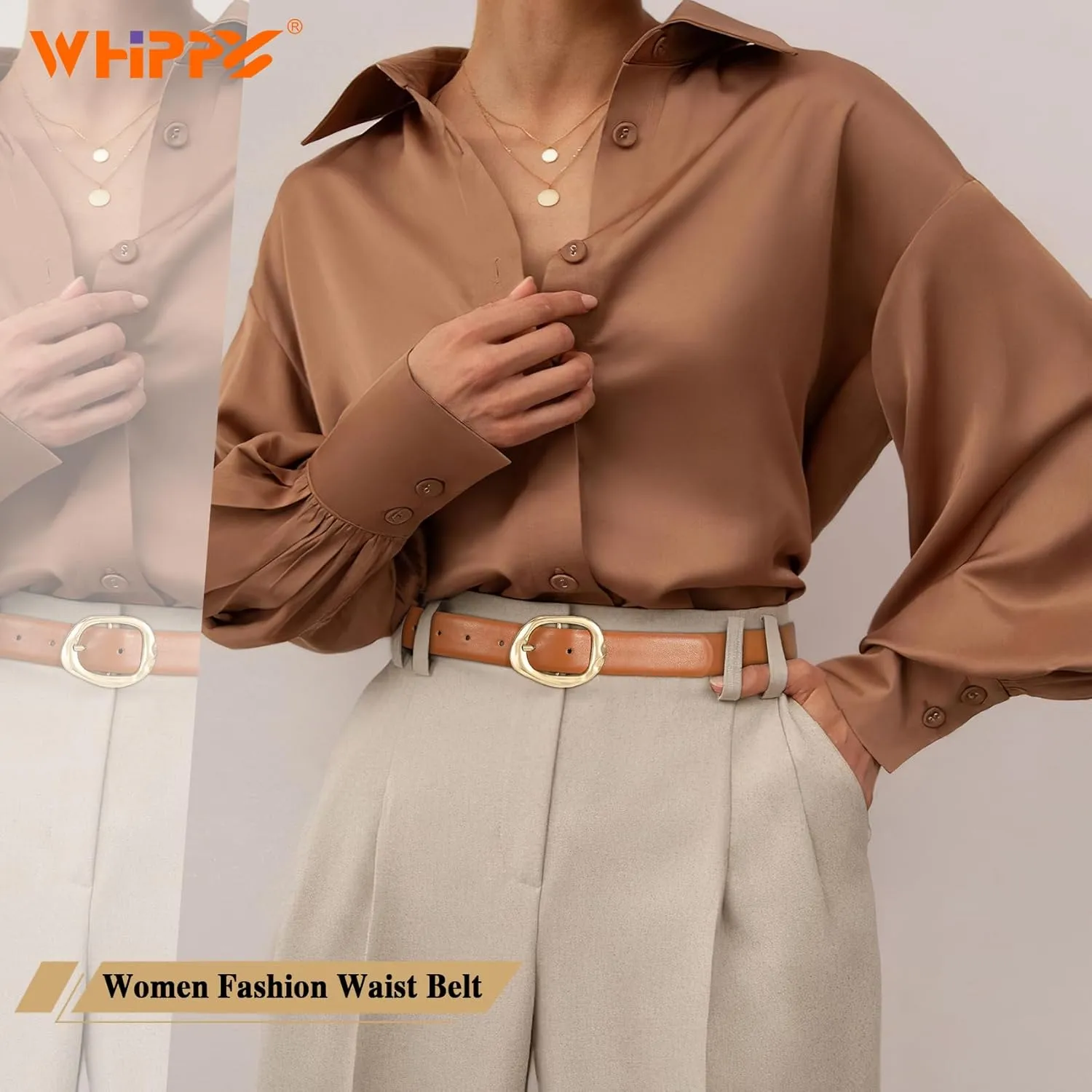 WHIPPY Leather Belt for Women Casual Waist Belt with Gold Buckle Fashion Ladies Belt for Jeans Pants Dress