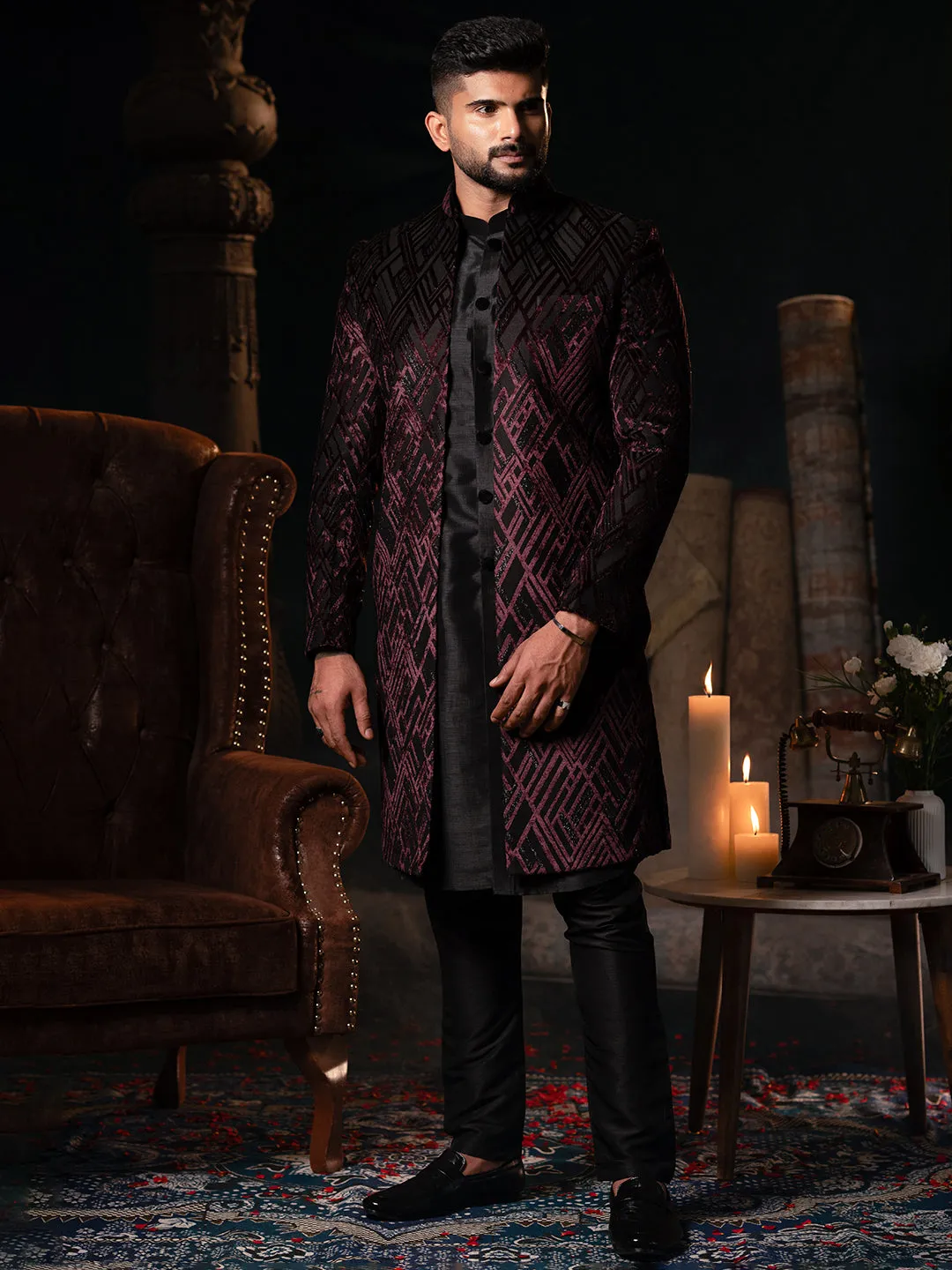 Wine Velvet Indowestern Set