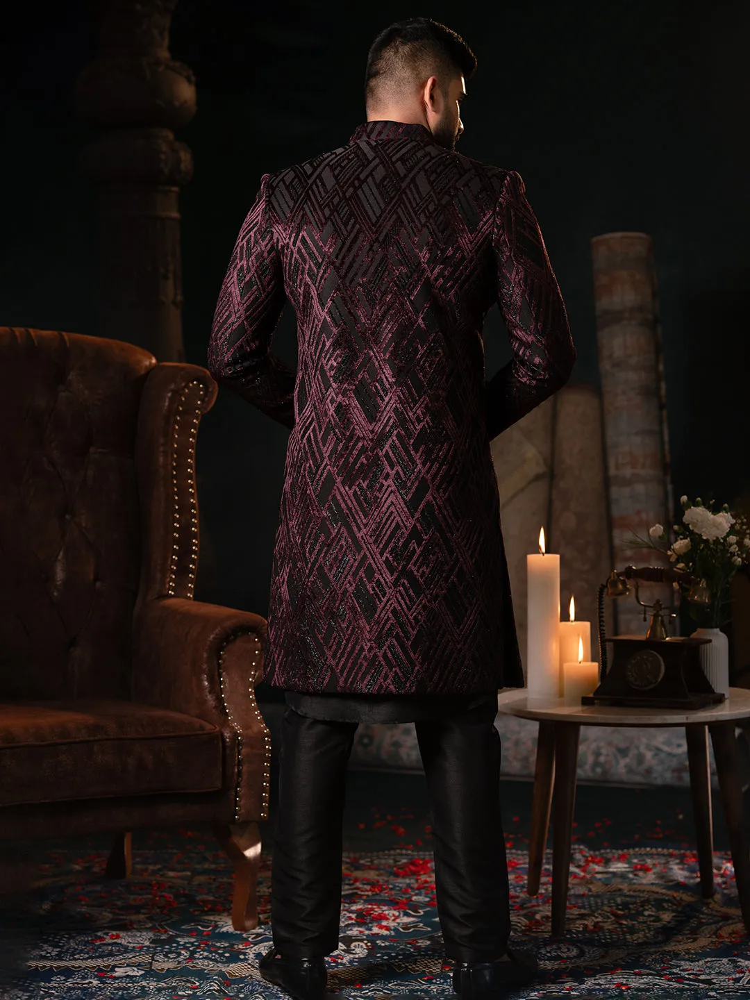Wine Velvet Indowestern Set