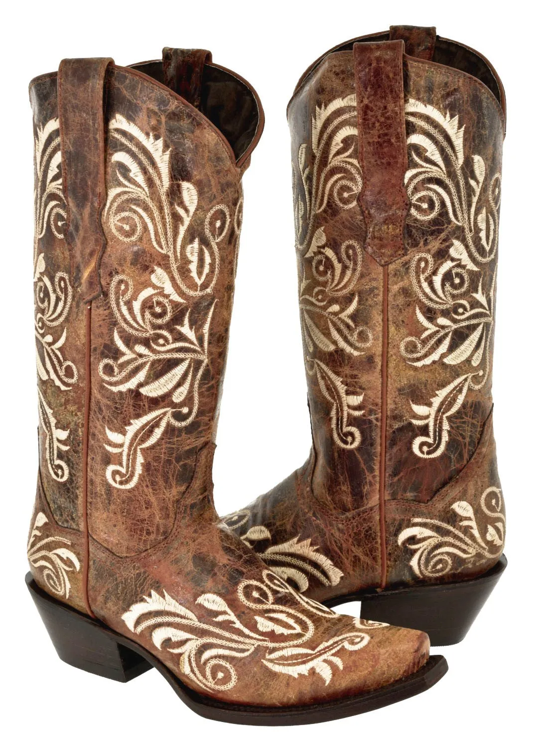 Womens Granada Cognac Cowboy Boots Swan Embroidered - Snip Toe